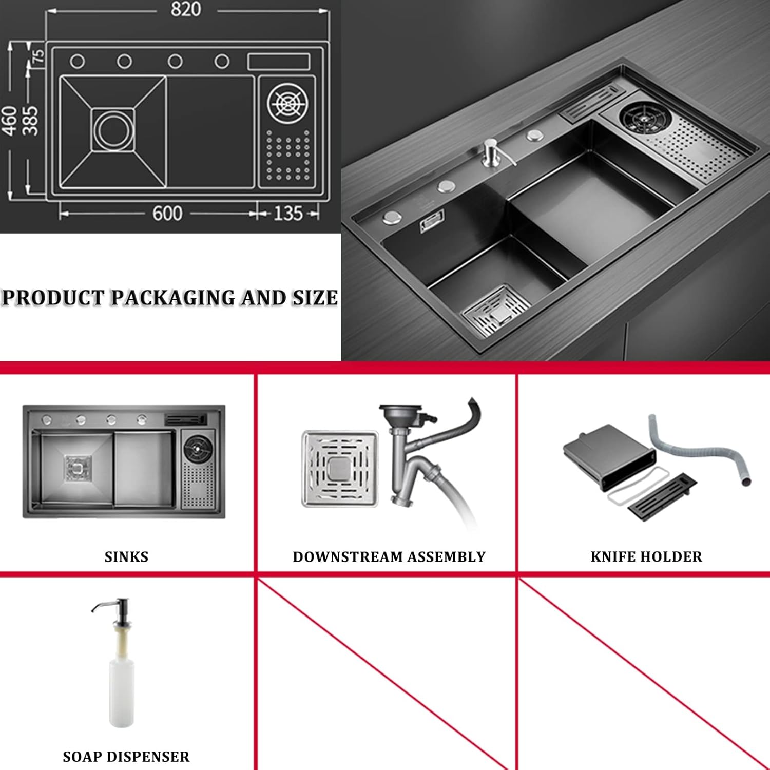 304 Stainless Steel Kitchen Sink Multifunctional Step Bar Prep Sink RV Sink He Kitchen Sets Top Mount Or Undermount (Color : Black-A, Size : 82x46x22cm)