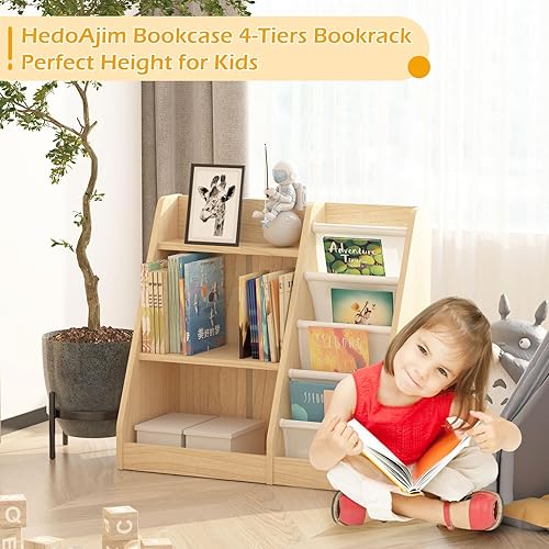 Miniatura 25 de Estantería de madera rosa de 4 niveles para niños, estantería de 5 capas, estante para libros de almacenamiento para bebés, organizador de juguetes