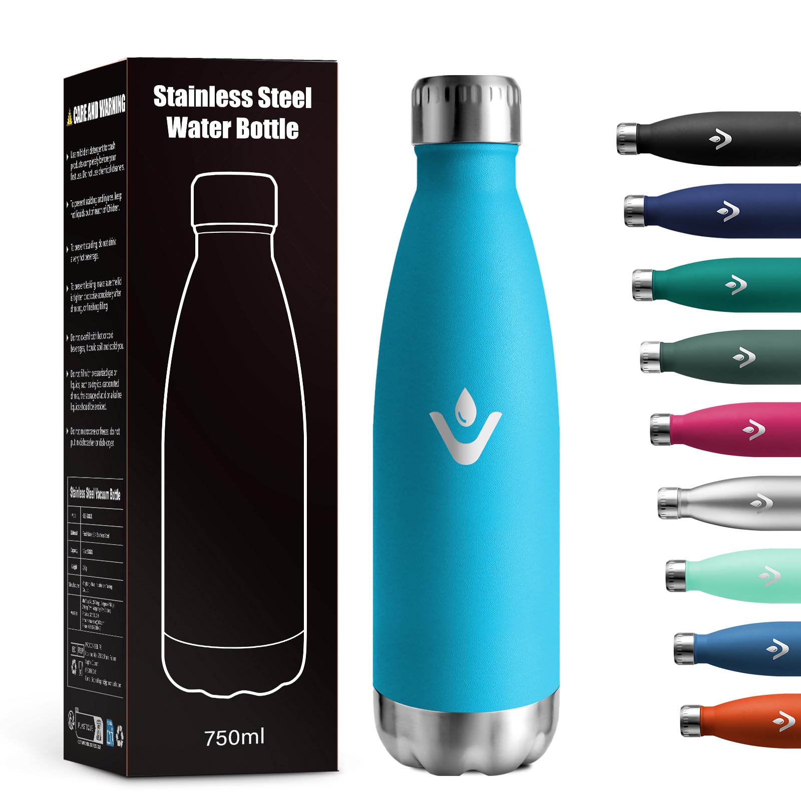 Trinkflasche Edelstahl 750ml, BPA-Frei, Vakuum Thermosflasche, Auslaufsicher Isolierflasche, Trinkflasche Kohlensäure Geeignet, Wasserflasche für Laufen, Büro, Schule, Gym, Sprudel, Camping, Yoga