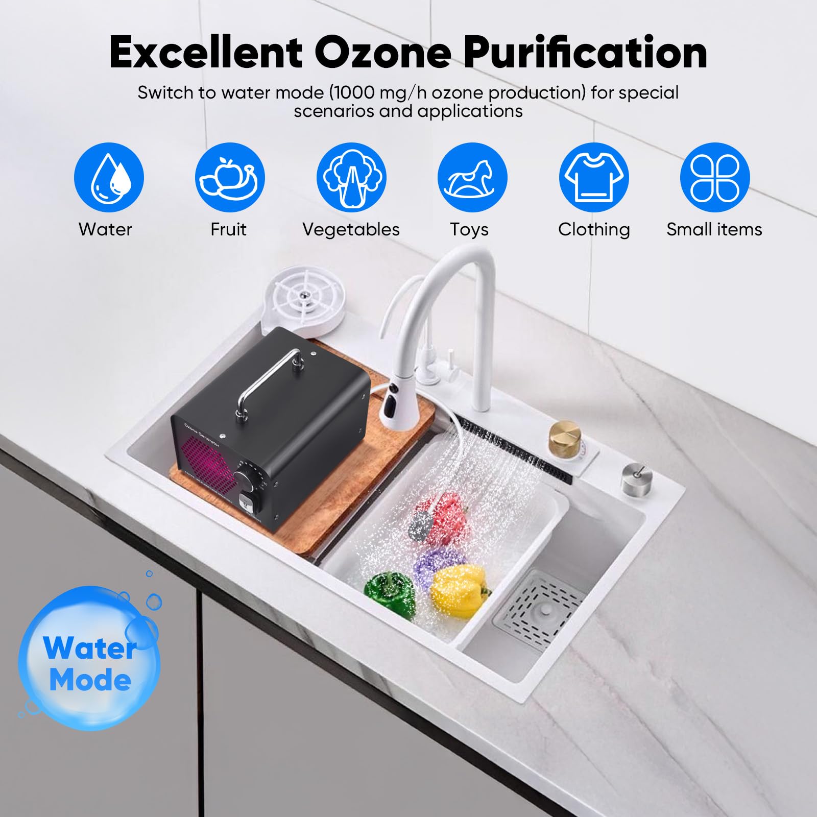 2 In 1 Ozono per Sanificare Casa 60000mg/H, Generatore Ozono con Modalità Acqua e Aria Ozonizzatore per Ambienti O3 Purificatore d'Aria Deodorante 120 Min Timer Macchina Ozono Casa Auto Frutta Verdura