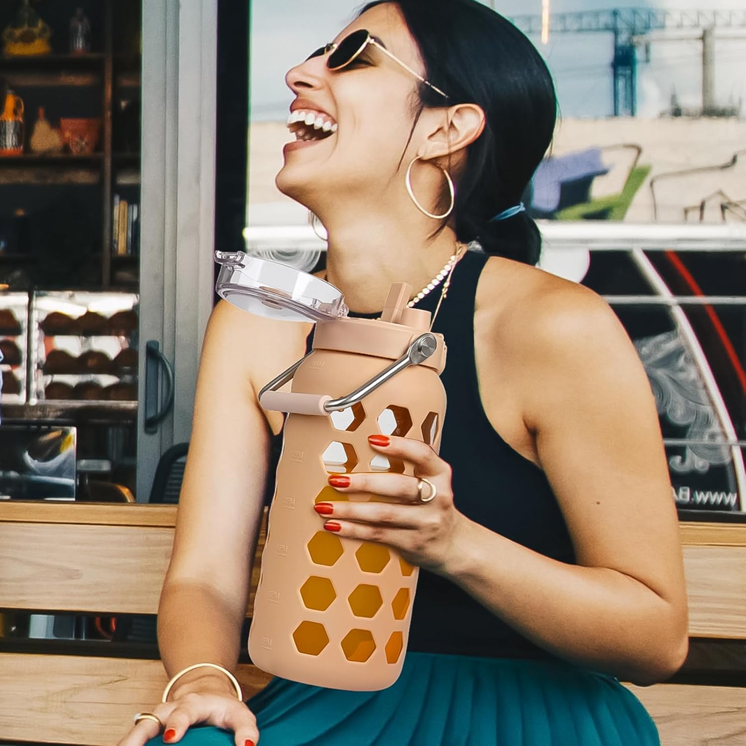 MUKOKO 64oz Glass Water Bottles with Straw and Lid,Half Gallon Water Bottle with Time Marker,Large Glass Water Jug with Silicone Sleeve and Stainless Steel Handle-Amber - Image 6