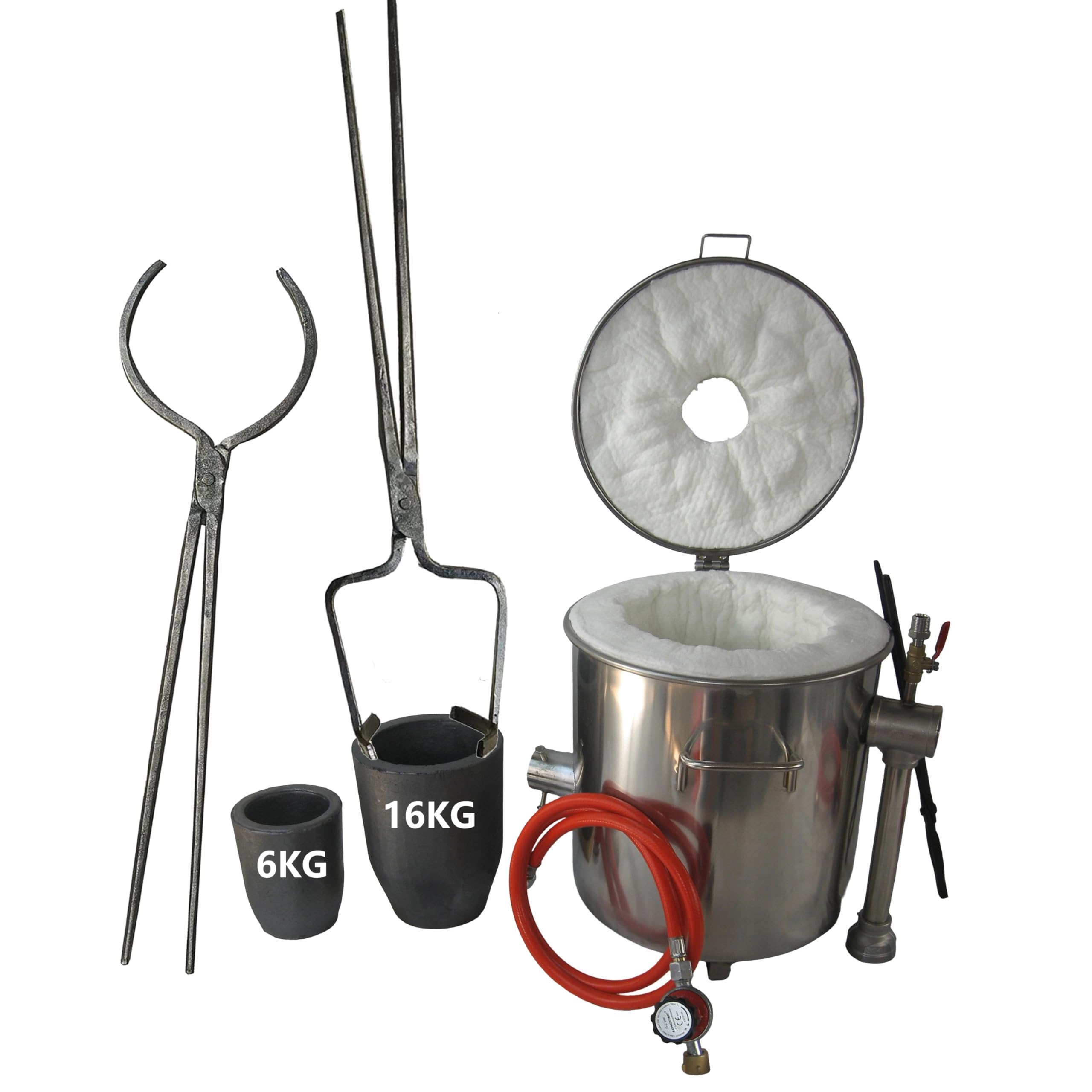 Horno de fusión de propano con pinzas para crisol, horno de gas de acero inoxidable con 2 crisoles de grafito (16 kg y 6 kg), cuchilla de fundición para metal, oro, plata, cobre, aluminio, kit