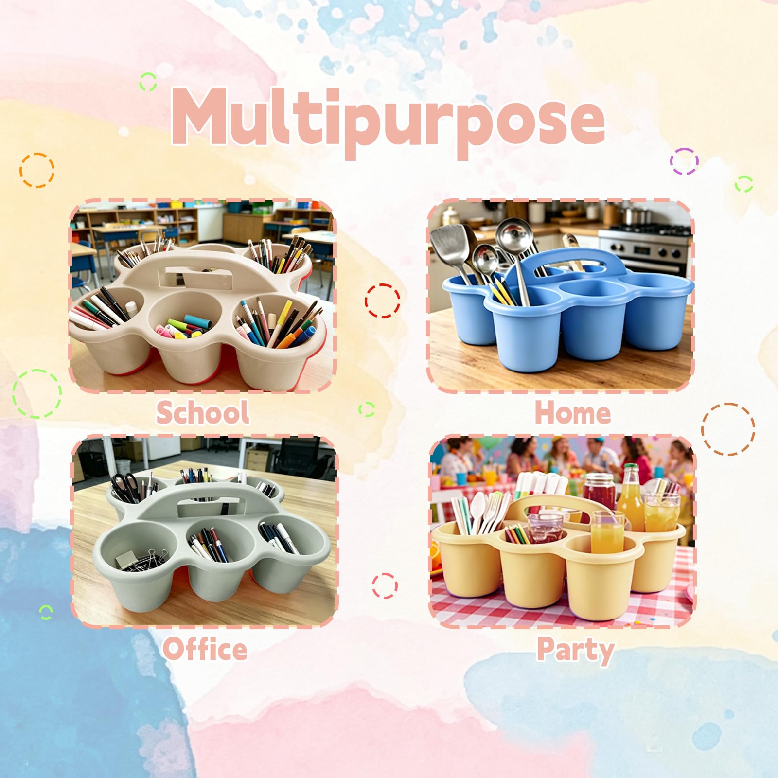 Confezione da 6 organizer da tavolo in plastica Macaron con manico, 6 scomparti, per forniture scolastiche, artigianato, pastelli, matite, impilabili, per ufficio e casa