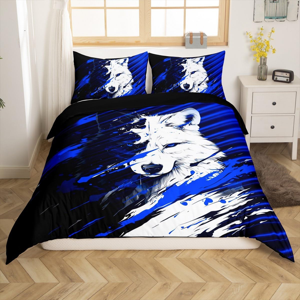 Feelyou Wolf Bedding Set Queen Size Black Blue Wolf Duvet Cover for Kids Boys Girls Animal Wolves Comforter Cover Set Cartoon Wolf Bedspread Cover 3Pcs Zipper Closure