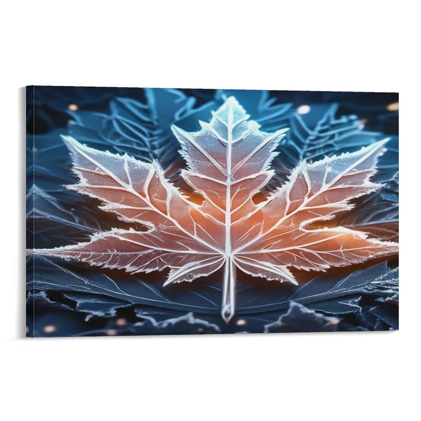 Snow-covered Maple Leaf with Winter Landscape Inside Glowing Translucent Icy Maple Leaf Art Canvas Wall Art - Office Canvas Print Fade Resistant Wall Focal Art Ready to Hang 20x30inch(50x75cm)