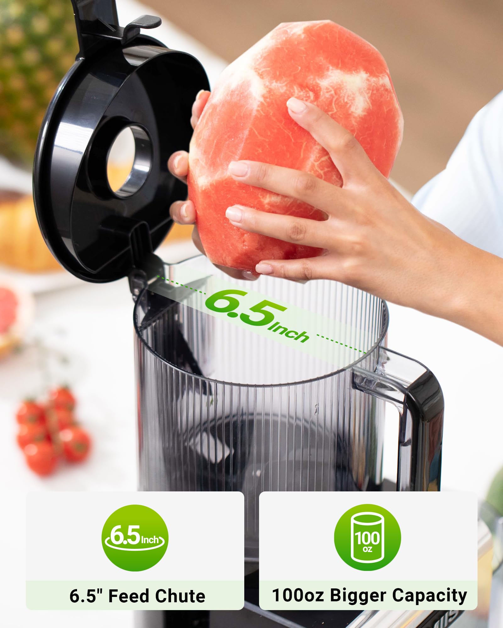 Cold Press Juicer Machines – 6.5'' Large Feed Chute for Whole Fruits & Vegetables, High Juice Yield, Easy To Clean