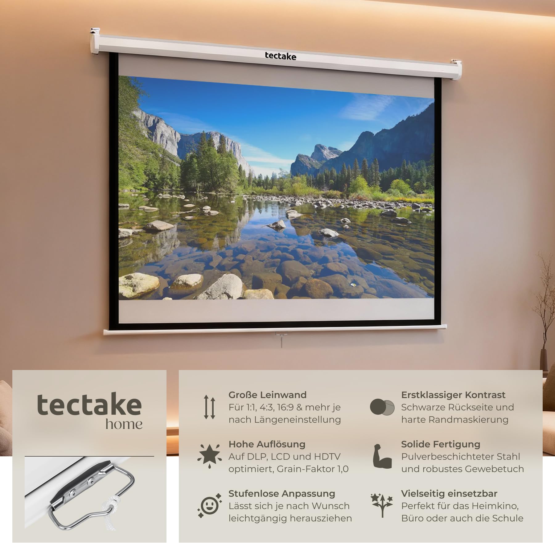 tectake® Beamer Leinwand, 152 x 152 cm (84"), 4:3-Format, ausziehbar, optimiert HDTV & 3D tauglich, Leinwand Rollo, Deckenmontage und Wandmontage, Projektionsleinwand, Gain Faktor 1,0
