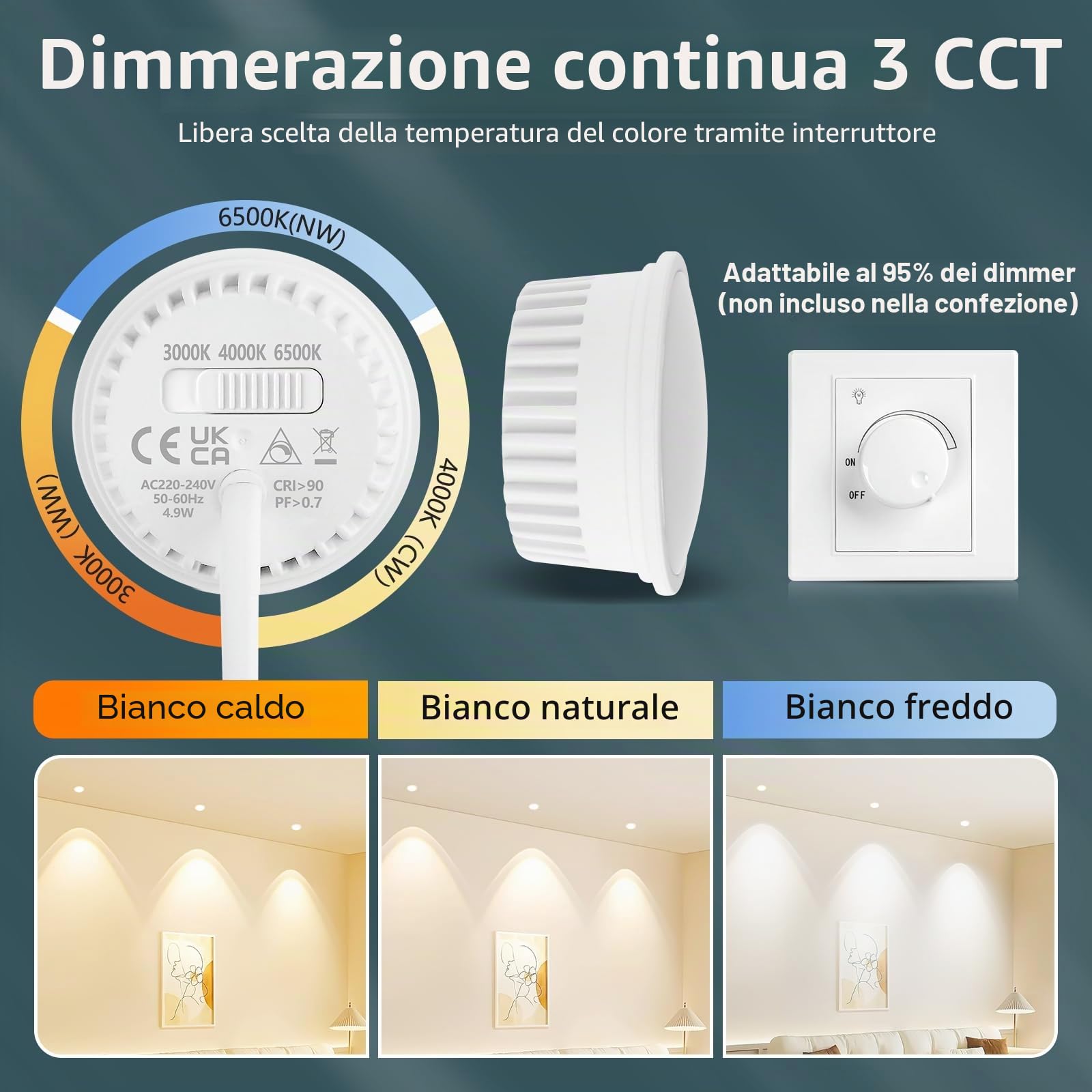 YindaLux 10x Modulo LED 230V Dimmerabile 5W IP44,ø50x23mm Lampadine LED per faretti da incasso,sostituzione per GU10/MR16,Bianco caldo Bianco naturale Bianco freddo, angolo di emissione 120°