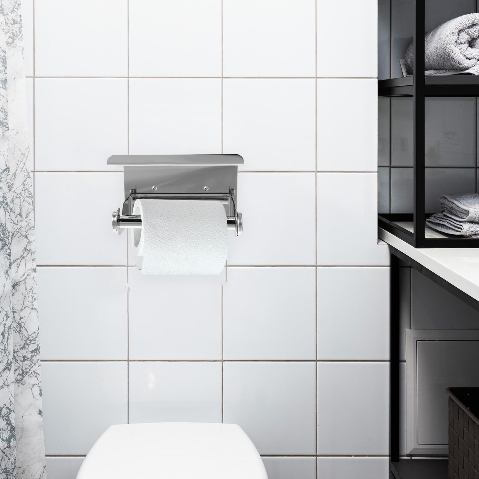Portarotolo Carta Igienica in Acciaio Inox con Mensola | Argento, Montaggio a Parete, per Bagno di Casa e Toilette Hotel, Struttura con Ripiano Integrato