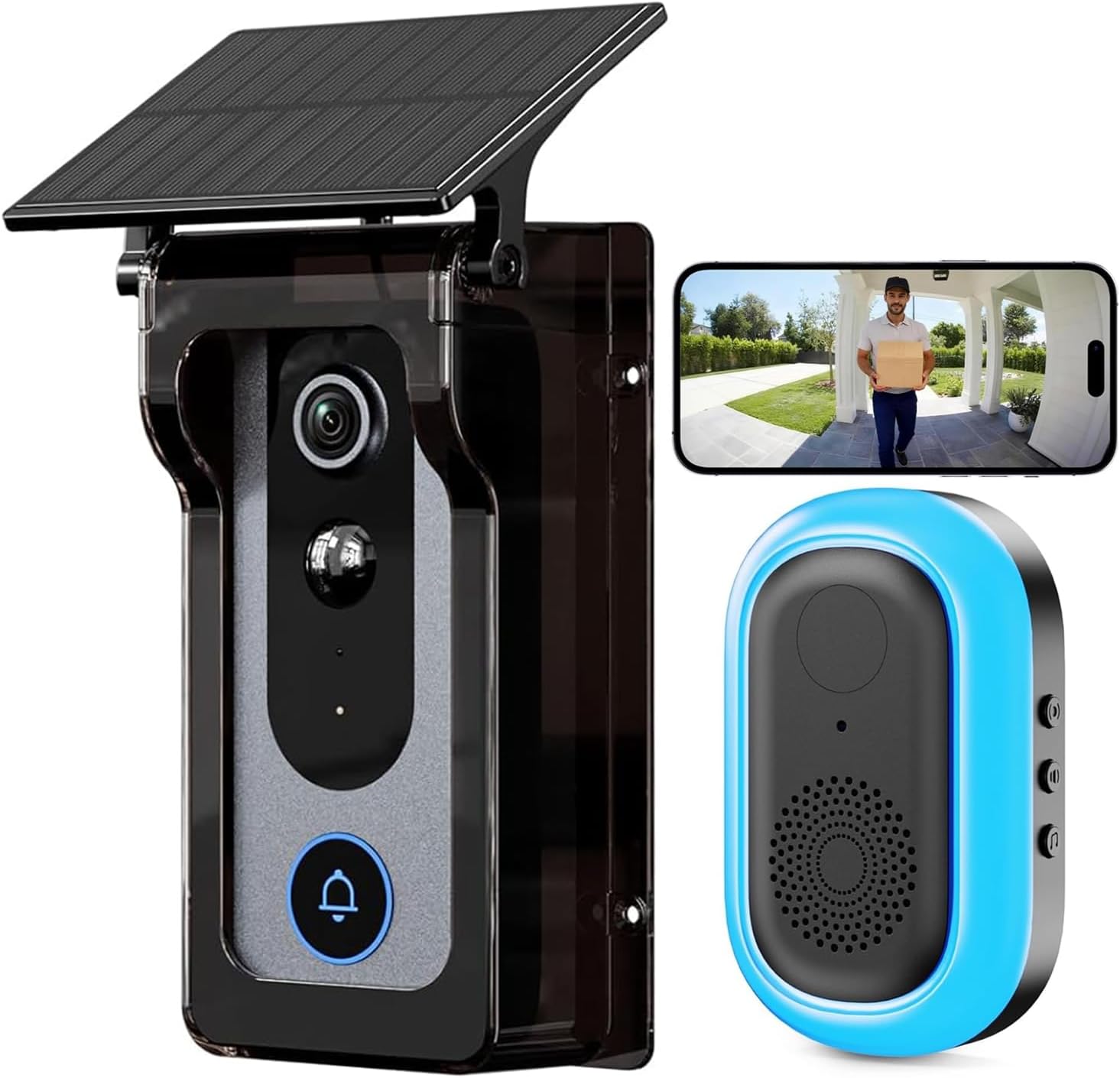Aceele Smart Video Doorbell with Solar Powered Weather Protective Cover, Two-Way Audio/Voice Changer/Instant Alerts/Night Vision/Cloud Storage/Motion Detection/Infrared Fill Light