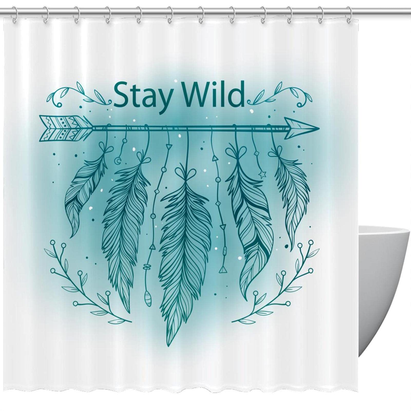 Rideau de douche imperméable bohème Stay Wild plumes bleues anti-éclaboussures