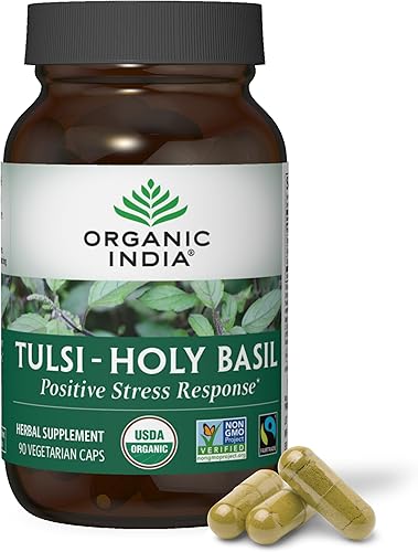 Organic India Tulsi - Suplemento de hierbas Albahaca santa, apoyo inmunológico, adaptógeno, apoya una respuesta saludable al estrés, vegano, sin