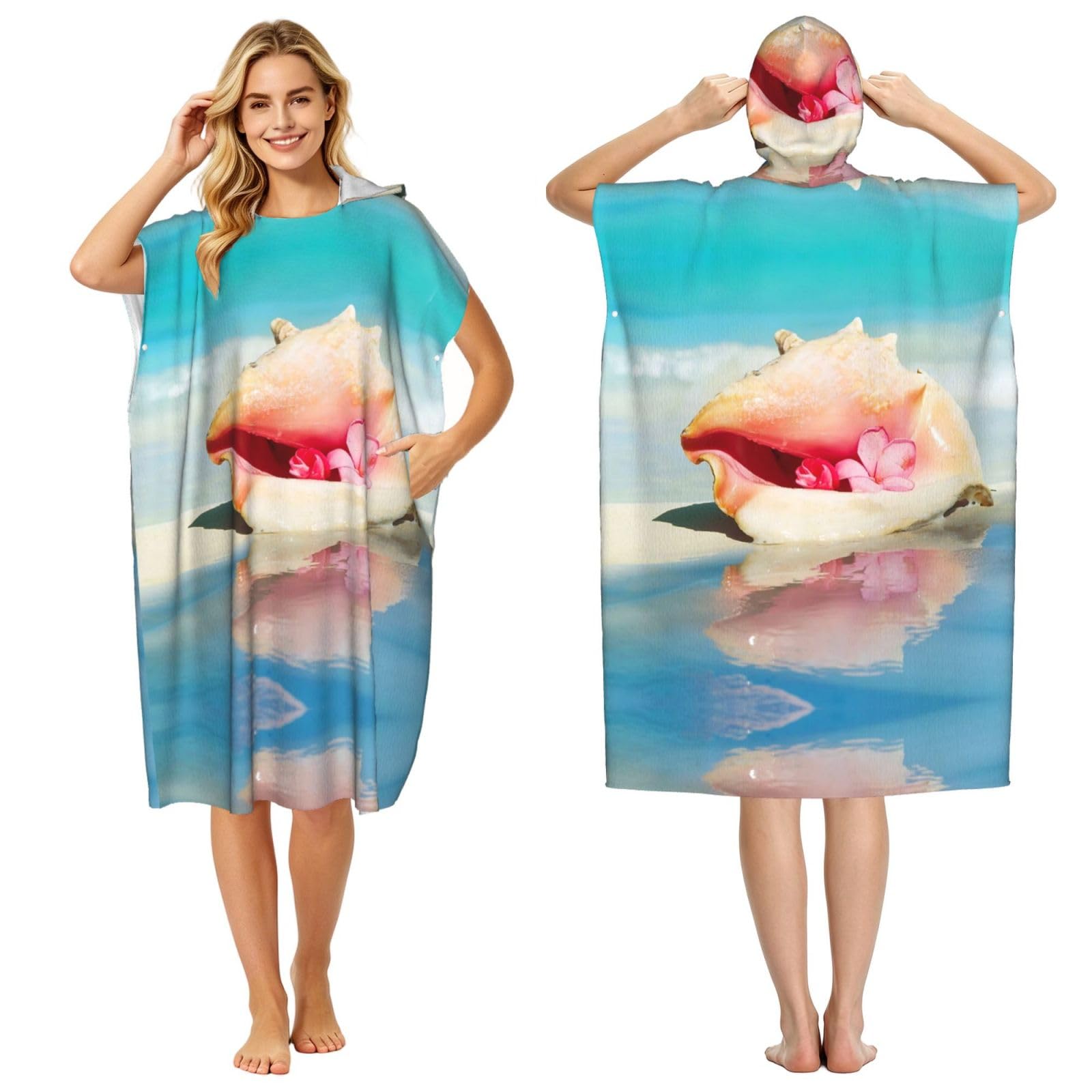 EZDLOWVBA Beach Conch Seascape Print Hooded Poncho Microfiber Beach Towel,Adult Women & Men Changing Robe,Lightweight Summer Surf Swim Bath Poncho Towel