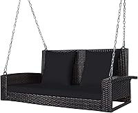 Tangkula 2-Person Wicker Porch Swing: Outdoor Rattan Hanging Bench with Cushions, 800lbs Capacity Steel Chains