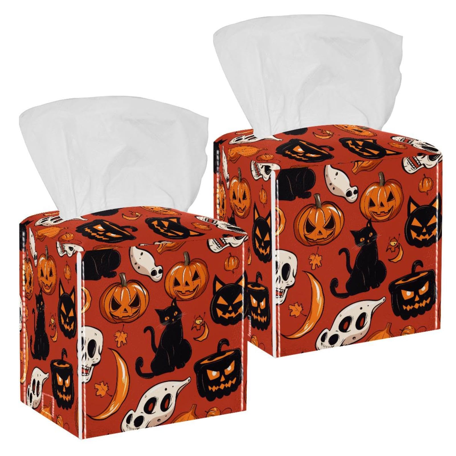 Halloween Pumpkin Skull Tissue Box Cover, 2 Pack PU Leather Square Facial Tissue Dispenser Box holder for Home Office Car
