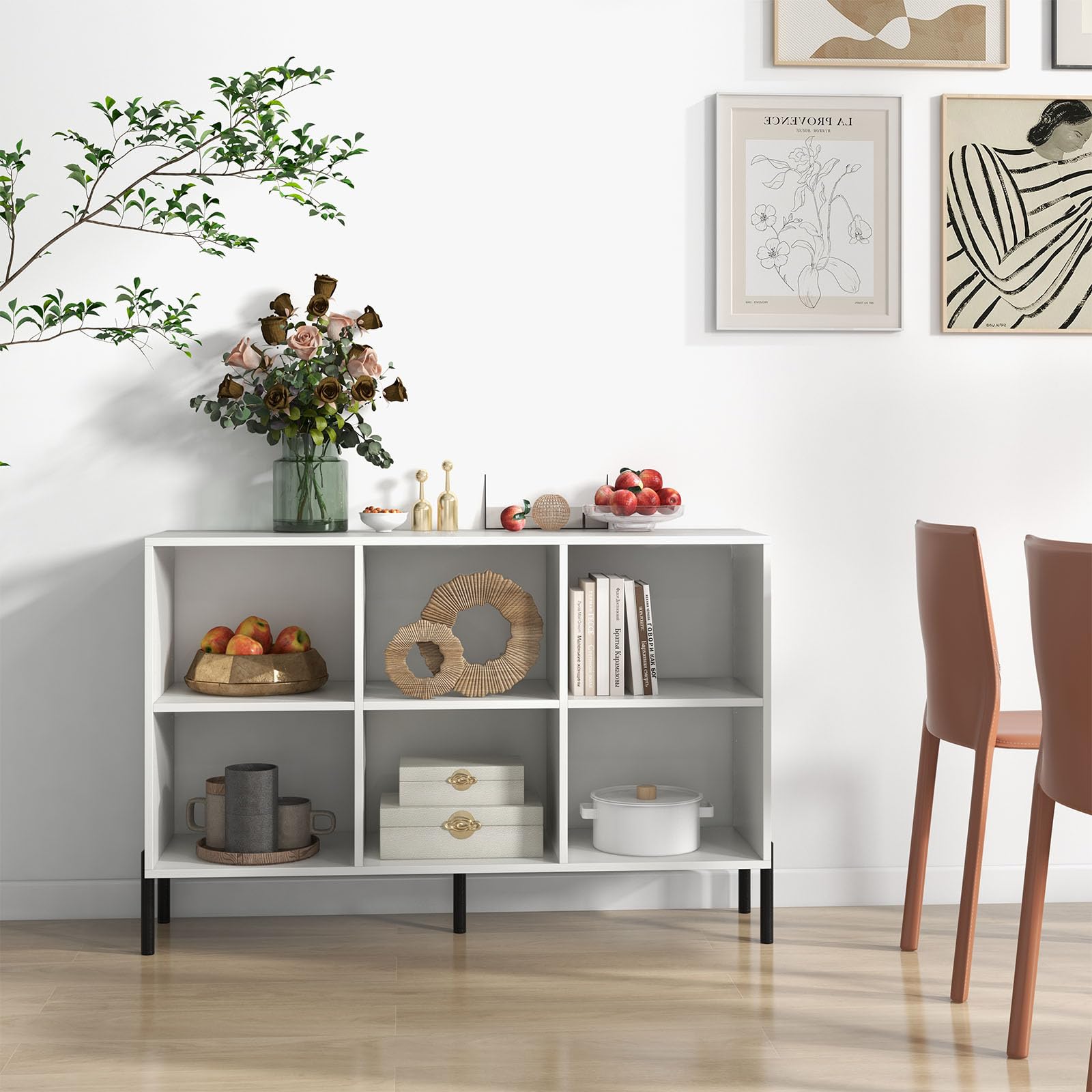 HOMASIS Scaffale a 6 Cubi, Libreria Bassa con Mensola Regolabile, Salvaspazio da Terra a 2 Livelli in Legno, Divisorio per Soggiorno, Studio, 120 x 35 x 79,5 cm (Bianco)