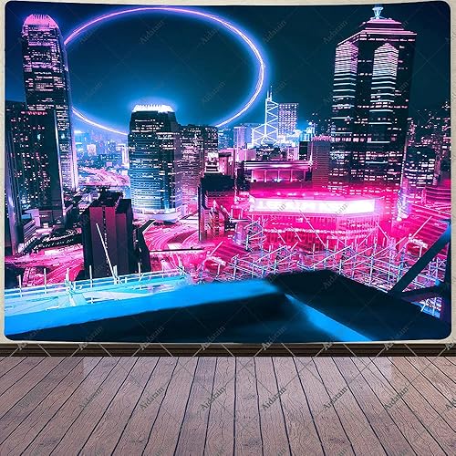 Miniatura 1 de Aidatain Tapiz Punk Cityscape Neon Nightscape de ciencia ficción de arte electrónico grande de 80 x 60 pulgadas para dormitorio y sala de estar