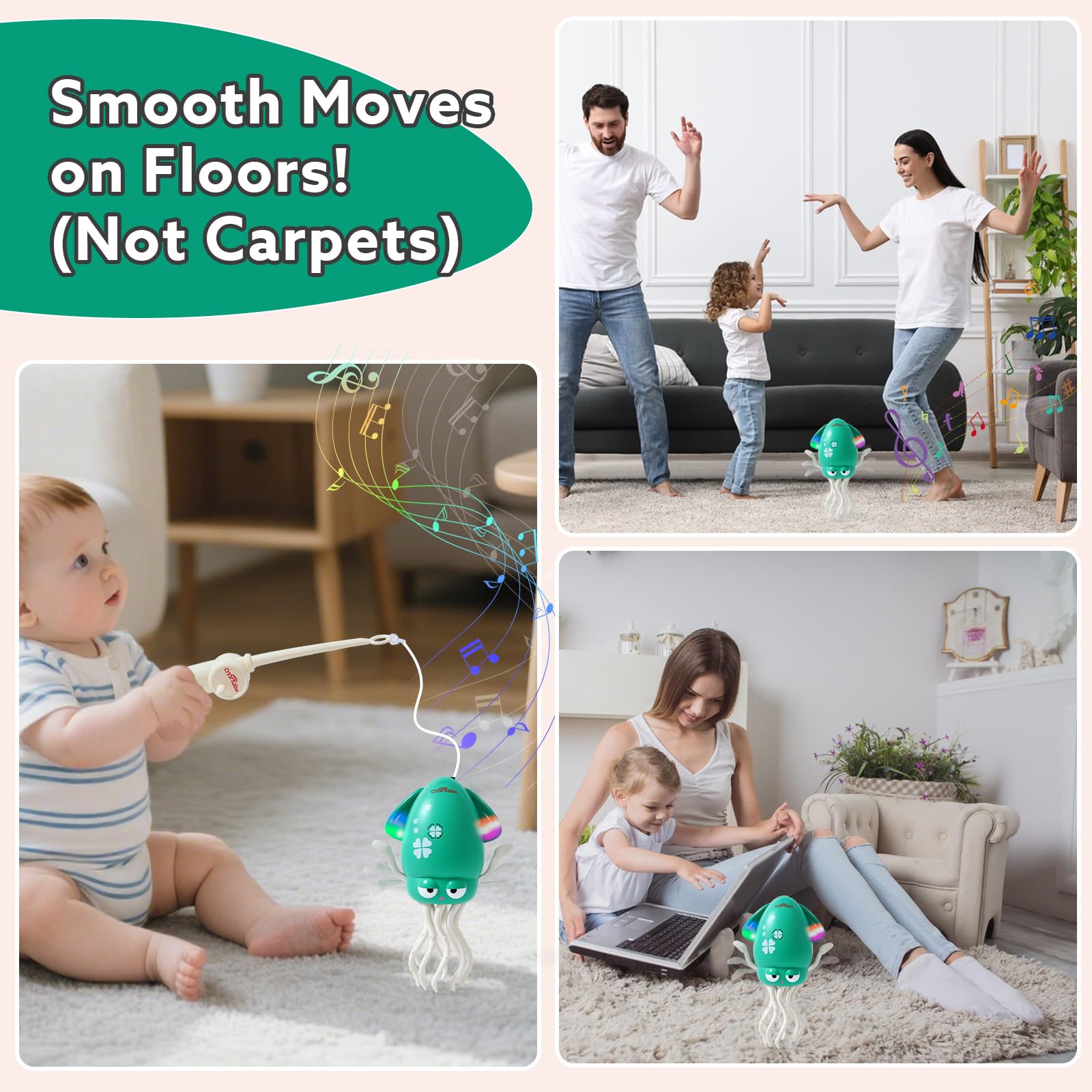 2026 New Electric Dancing Squid Toy with LED Lights & Music, Crawling Dancing Octopus Toys Tummy Time Toys, Magic Dancing Squid Baby Toys Obstacle Avoidance & Fishing Game (Green, S)