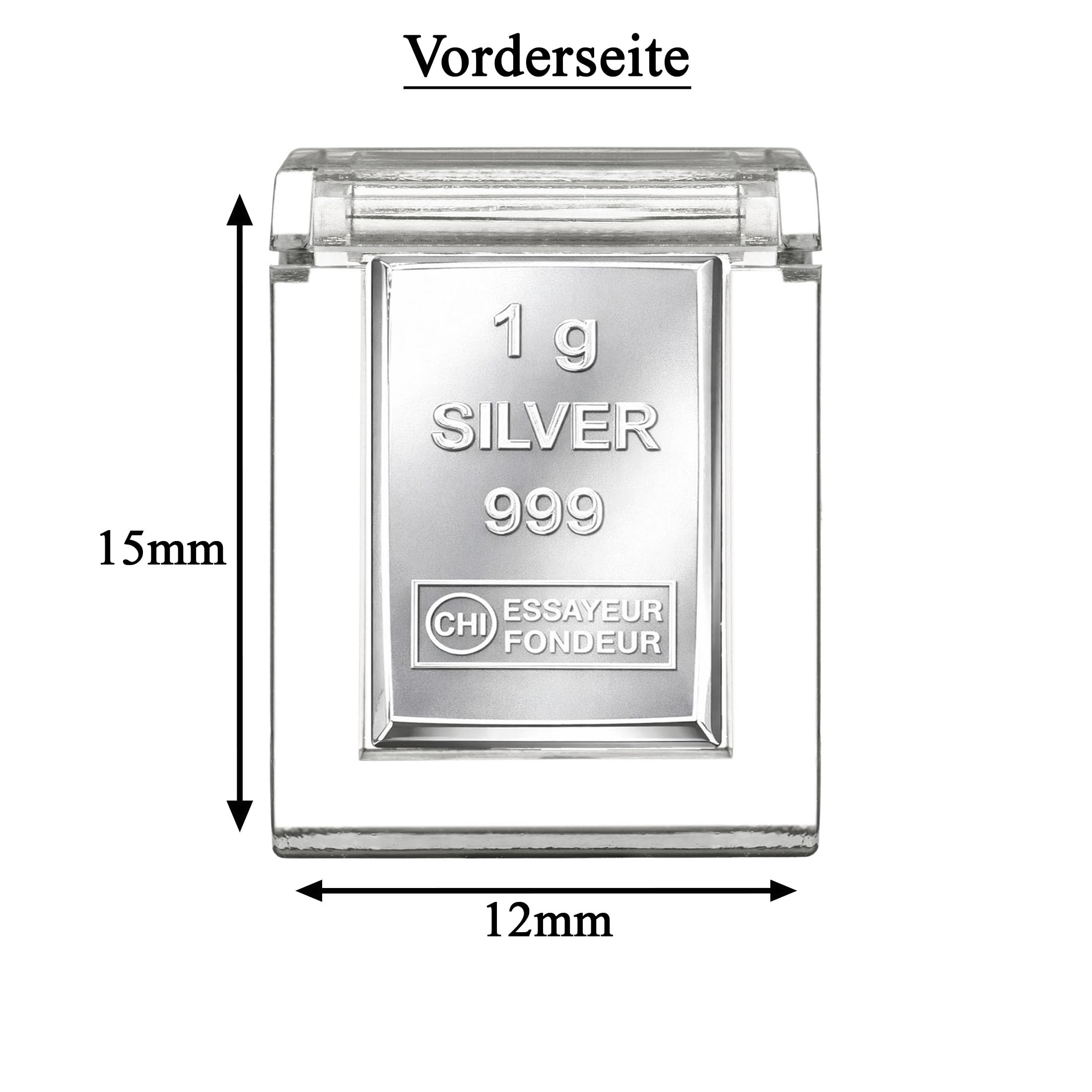 1g Silberbarren 999 Feinsilber in Acrylglaskapsel – inkl. Geschenkbeutel, Grußkarte & Echtheitsgarantie – kleines Silber Geschenk & Mitbringsel - Silberstücke24