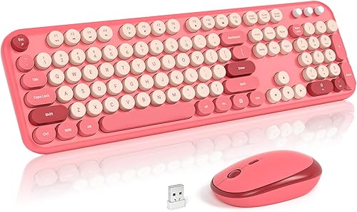Miniatura 8 de MOFII Combo de teclado y mouse inalámbricos, teclados coloridos de tamaño completo retro de 2.4 GHz con teclas redondas, lindo mouse inalámbrico