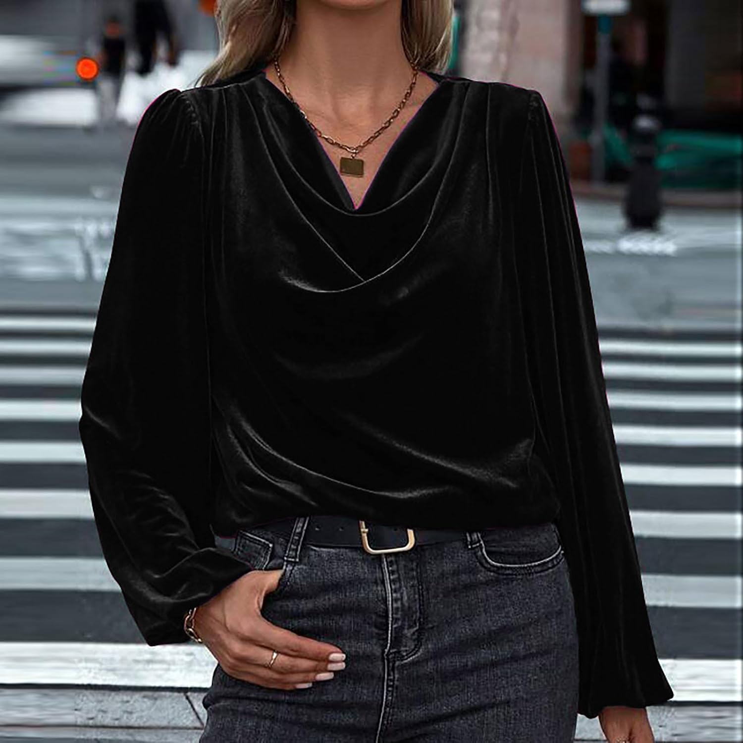 Women's Velvet T Shirts Casual Long Sleeve Solid Shirt Cowl Neck Drape Ruched Front Long Sleeve Blouses Tops