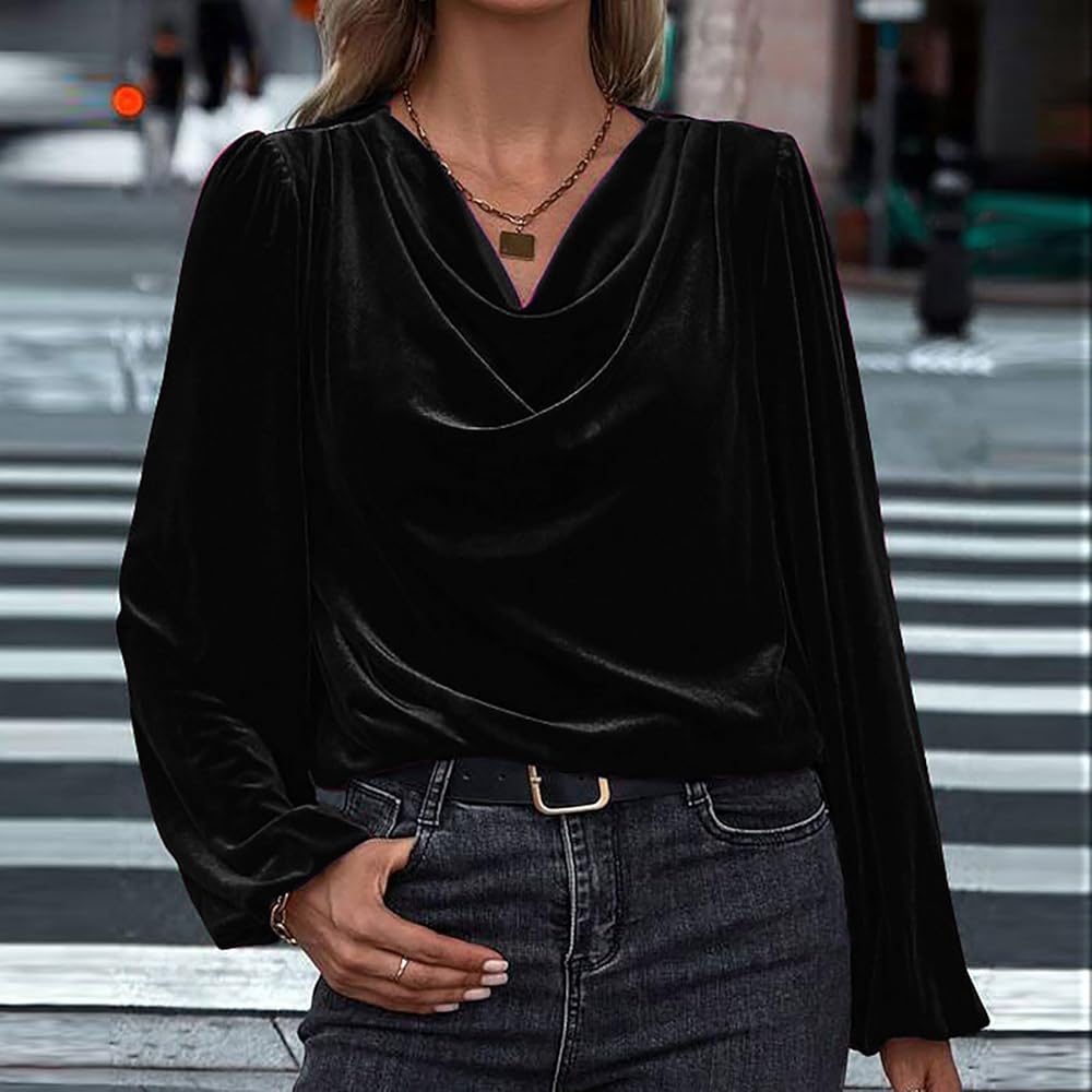 Women's Velvet T Shirts Casual Long Sleeve Solid Shirt Cowl Neck