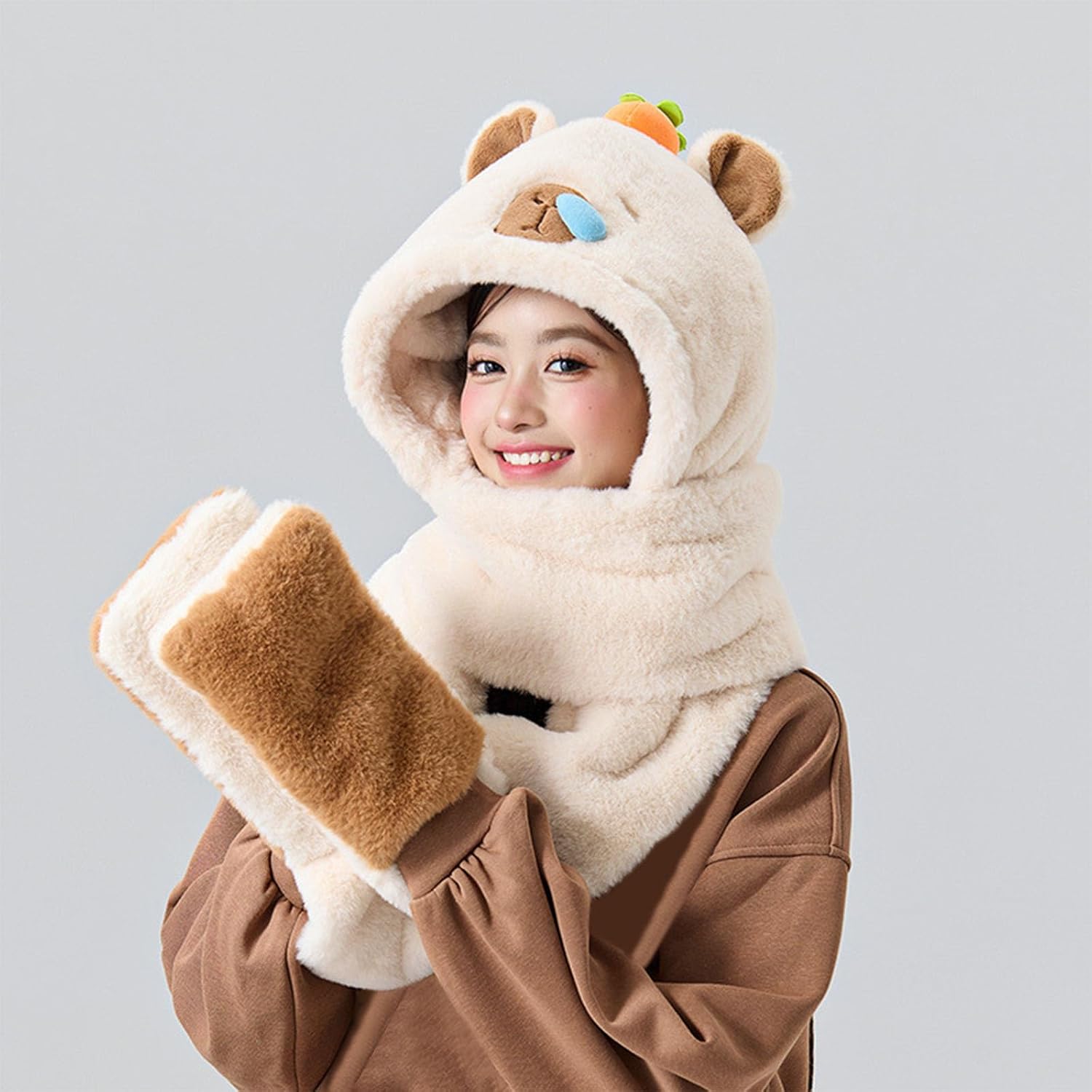 Balaclava, Furry Cartoon Capybaras Hat with Scarf Gloves Set Thicken Furry Hats Oversized Headgear Hats for Commute