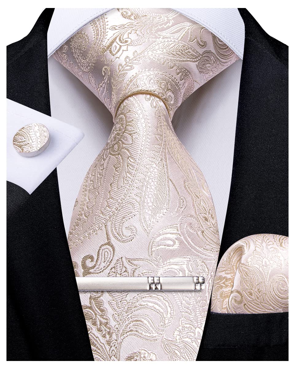 DiBanGu Herren Seidenkrawatte Paisley Floral Krawatte Set mit Einstecktuch Manschettenknöpfe Krawattenklammer für Hochzeit Business