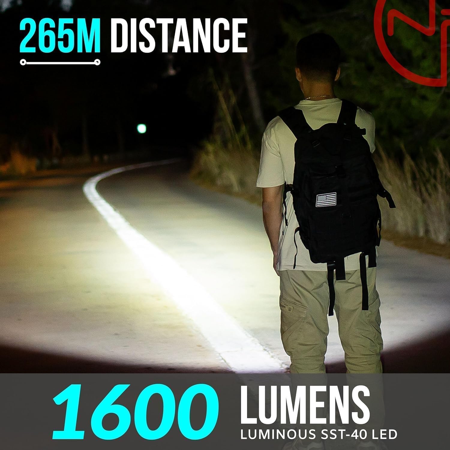 Person standing on a road at night, illuminated by the TX11 flashlight beam, showing 1600 lumens and 265m distance