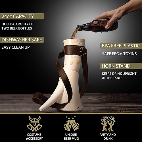 Miniatura 9 de Cuerno vikingo para beber, apto para lavavajillas y sin BPA, vaso de cerveza de plástico de 24 onzas con funda de cuero y soporte a juego, color