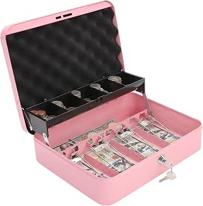 Cash Box with Key Lock & Foam Auto-Pop Coin Tray – Steel Money Box with Bill Clips, Pink
