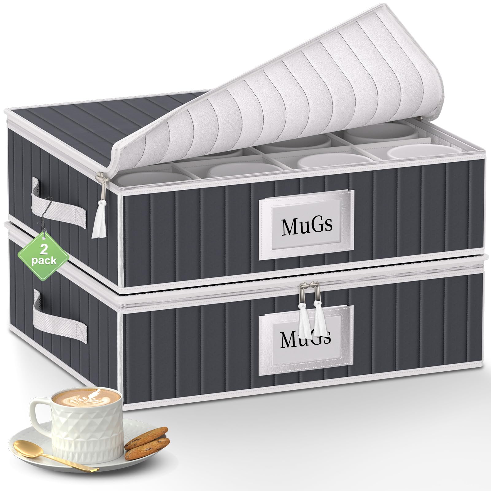 Caja de almacenamiento para tazas y tazas con separadores – Juego de 2 unidades con capacidad para 24 vasos, caja organizadora de tazas de café apilable con 2 cremalleras de metal, etiquetas y