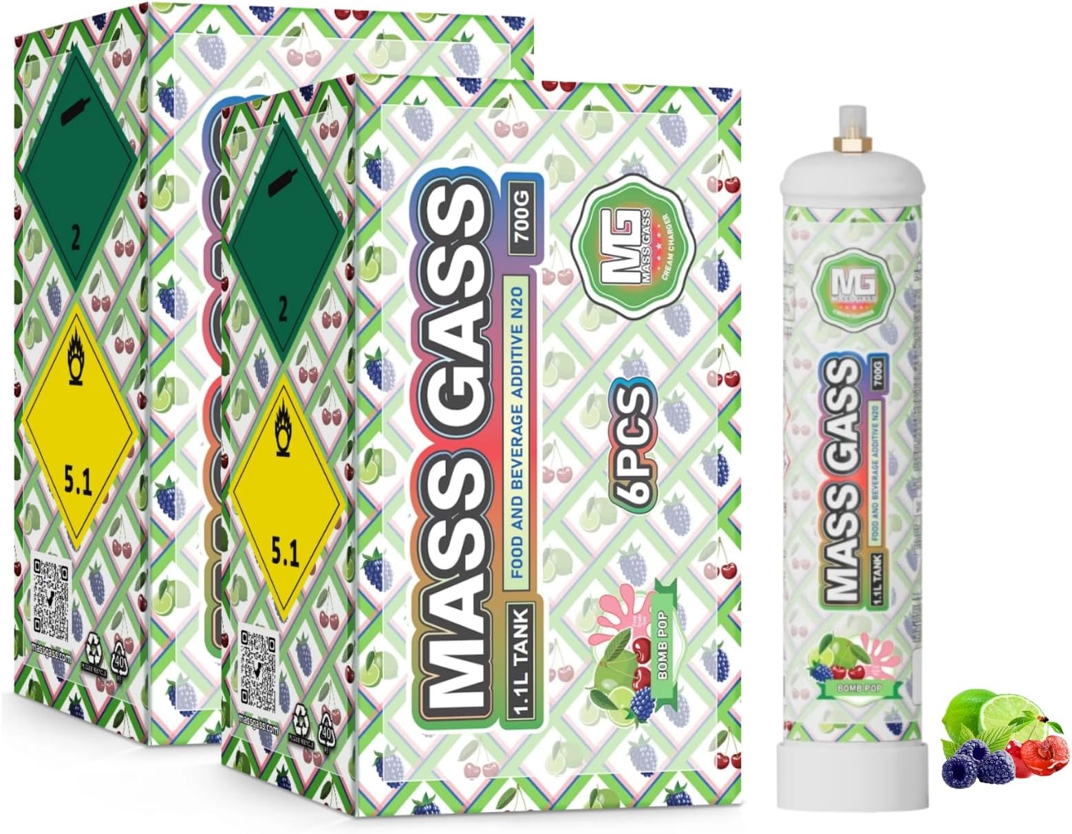 MassGass Whipped Cream Charger 700g, 1.1L×12 Tanks Whip Cream Charger Cylinder Food Grade Bomb Pop Flavor for Whipped Cream Dispenser(2 Cartons)