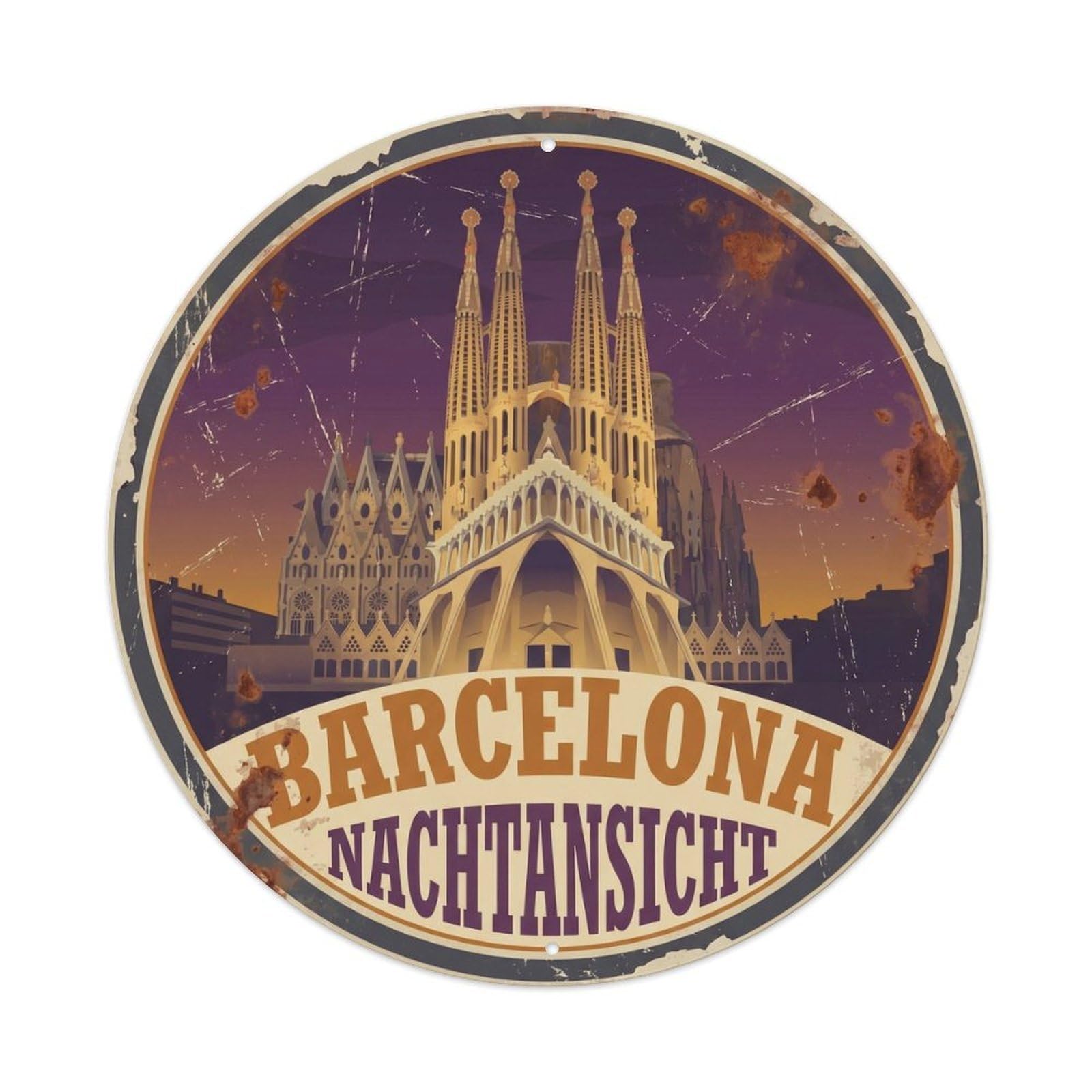 Vintage Travel Sagrada Familia Night Barcelona Metal Tin Sign Plaque Wall Decor for Cafe, Club, Garden Round Metal Poster 8x8Inch