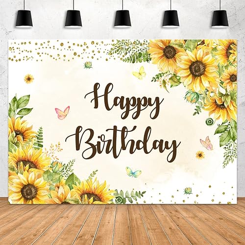 7x5ft Sunflowers Happy Birthday Backdrop Butterfly Gold Dots Girls Women Sweet 16th Bday Photography Background Party Decorations Photo Booth Studio Props Banner Supplies Cake Table