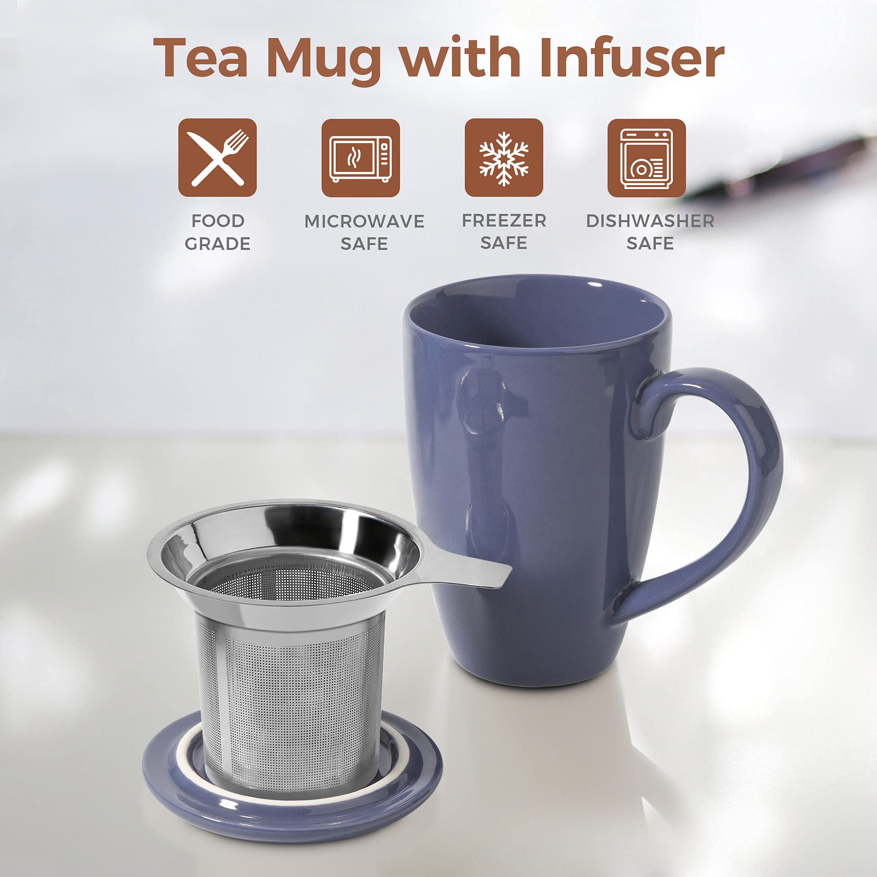 ComSaf Tasse à thé en céramique avec infuseur et couvercle, 473,6 g, grande tasse en porcelaine avec filtre à thé pour thé en vrac, tasse à thé pour bureau, maison, bleu marine