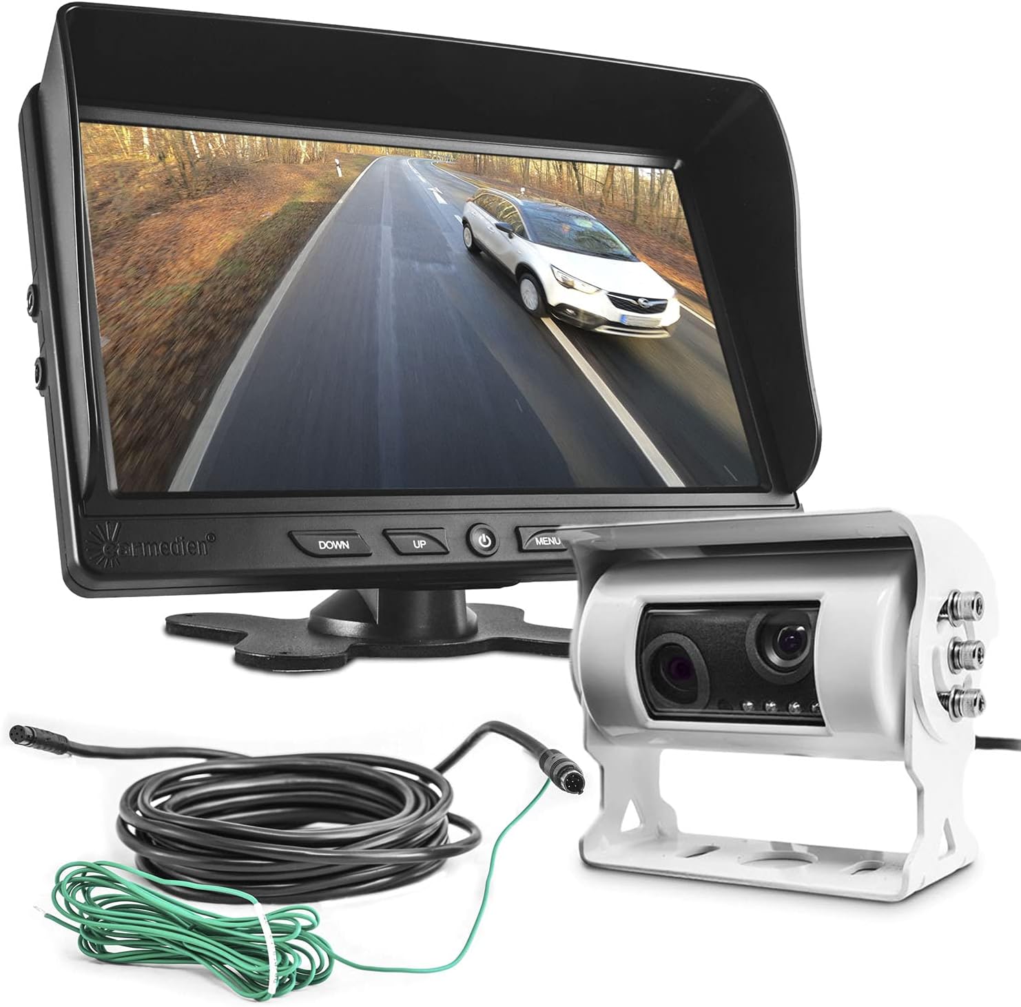 Carmedien CM-GDKRFS1 RV Twin Kit 9 Inch Video Reversing System with Dual Rear View Backup Camera and 9" Monitor + Double Cam with IR Night Vision 120 degree 60 degree Rearview Mirror Function 12V-24V