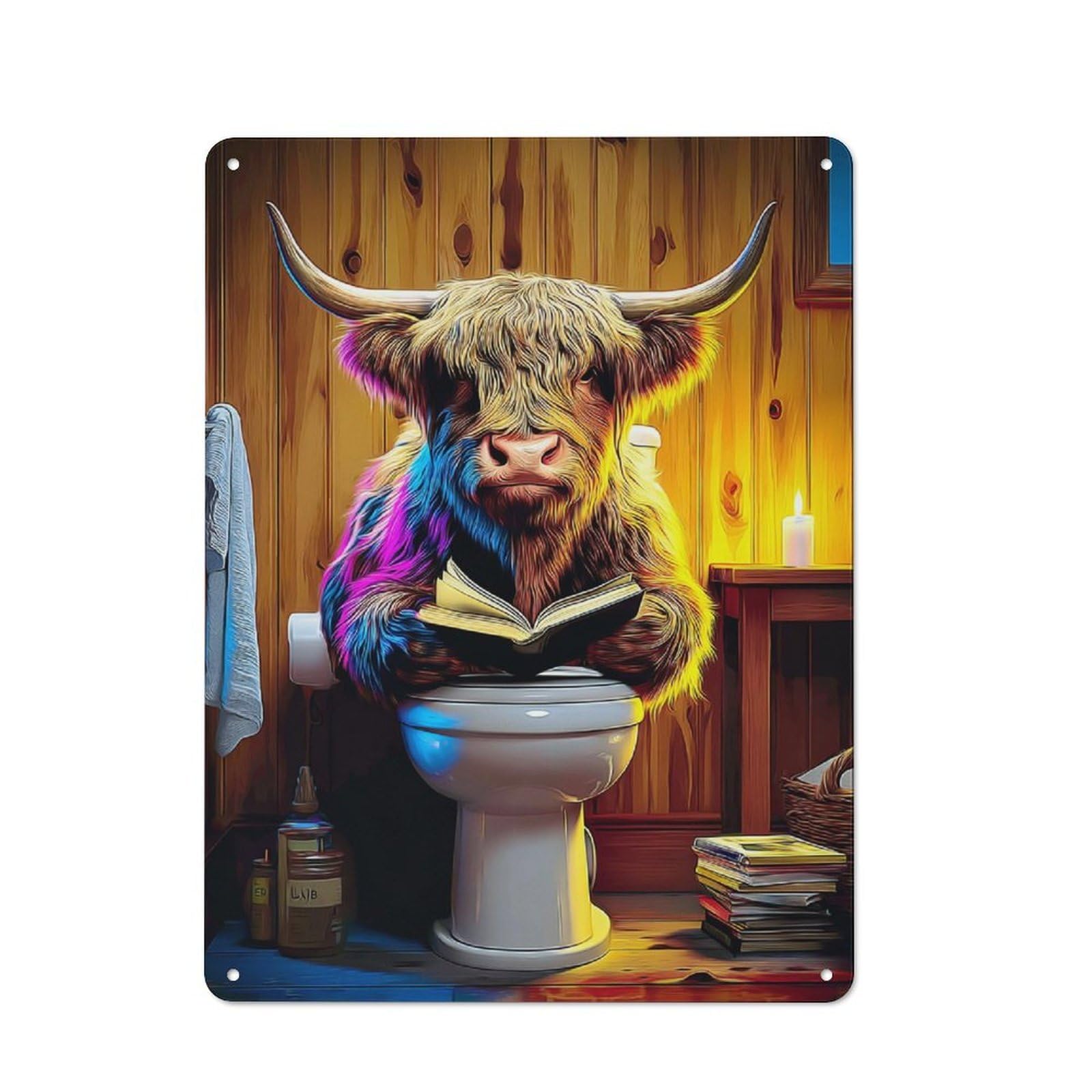 Junmoney Highland Cow Reading In The Bathroom -1 Tin Sign 40X30cm With For Workshop Wall, Vintage Decor, Gift For Workshop Decor Fans During The Christmas Season