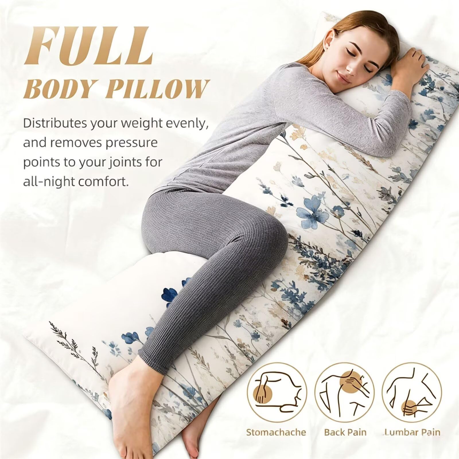 Funda de Almohada 60 x 180 cm Plano Protector Almohada 180 cm con Cremallera Invisible, Lino Durable y Transpirable Pillow Case Largas Planta Impresión a Doble Cara para Cama, Sofá y Dormitorio dg-243