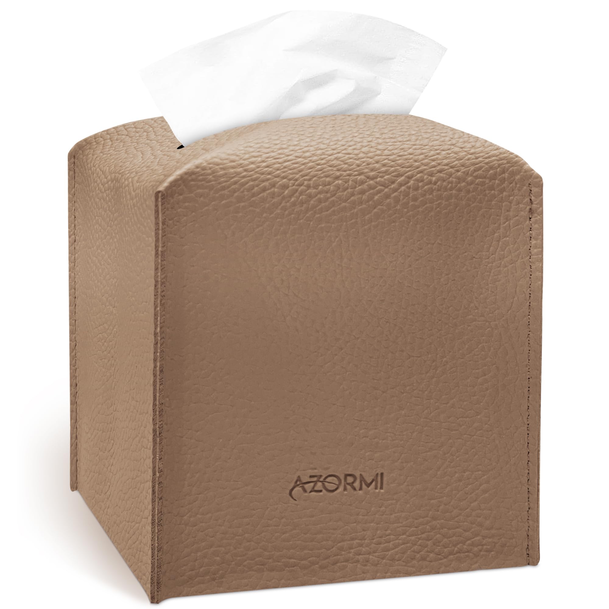 Tissue Box Cover Holder, PU Leather Tissue Box Cover Square with Bottom Belt, Cube Tissue Holder for Bathroom, Modern Organizer for Car, Office, Tabletop (Camel, 14 Leather Patterns)