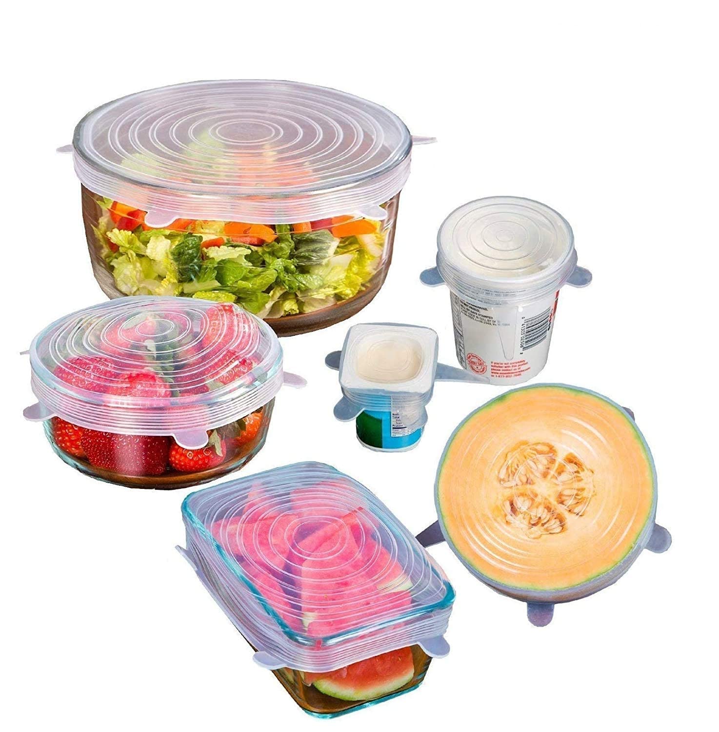 Lukzer 6PC Silicone Stretch Lids Microwave Safe Flexible and Reusable Air-Tight Vacuum Sealer Food Wrap Covers for Bowls, Plates, Cans, Jars, Glassware, Fruits Kitchen Food Safety CH-231-6 1