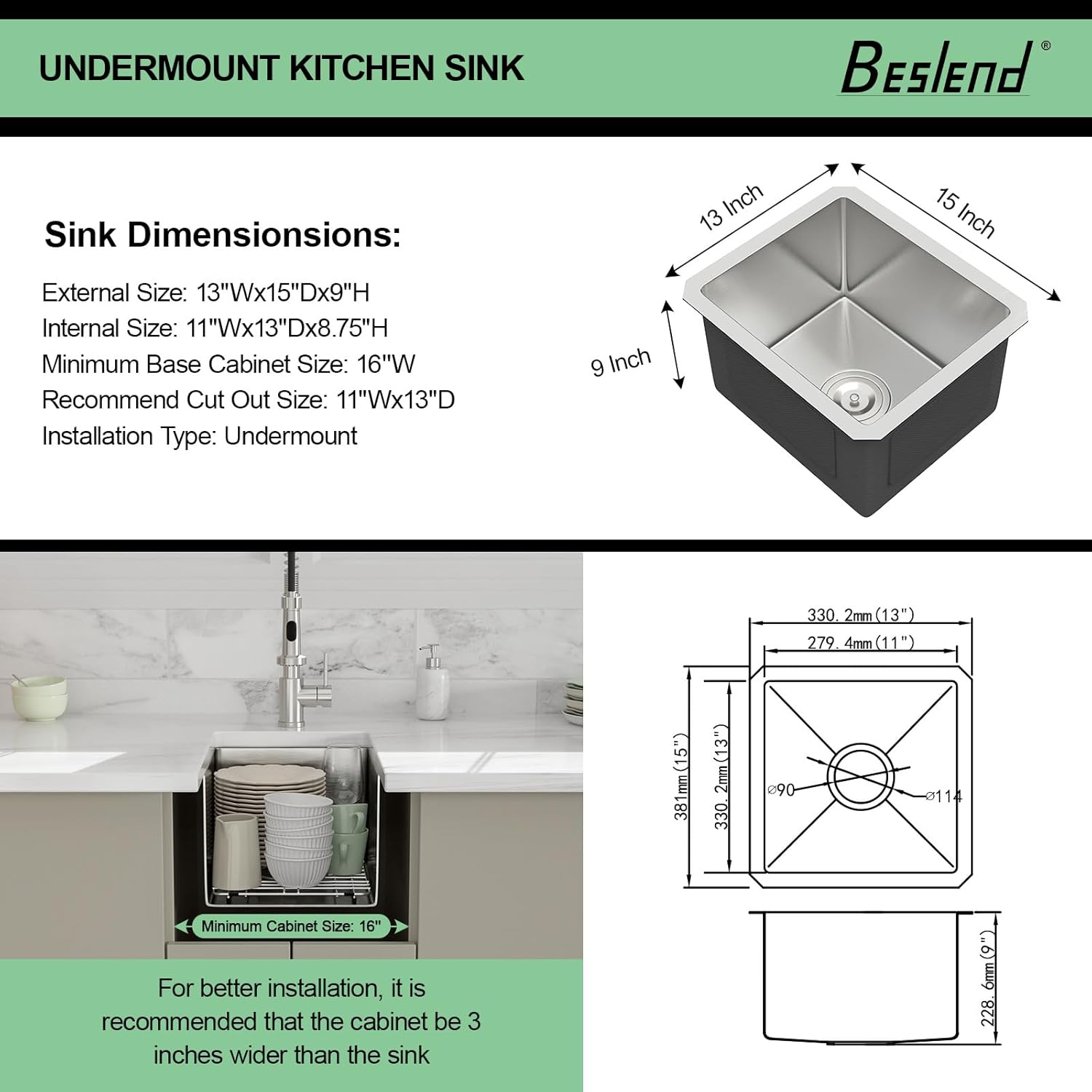 13 Inch Undermount Sink - Beslend 13”x15”x9” Undermount Stainless Steel Kitchen Sink 16 Gauge Single Bowl Kitchen Sink 9 Inch Deep BarPrep Sink Basin, 13Inx15Inx9In