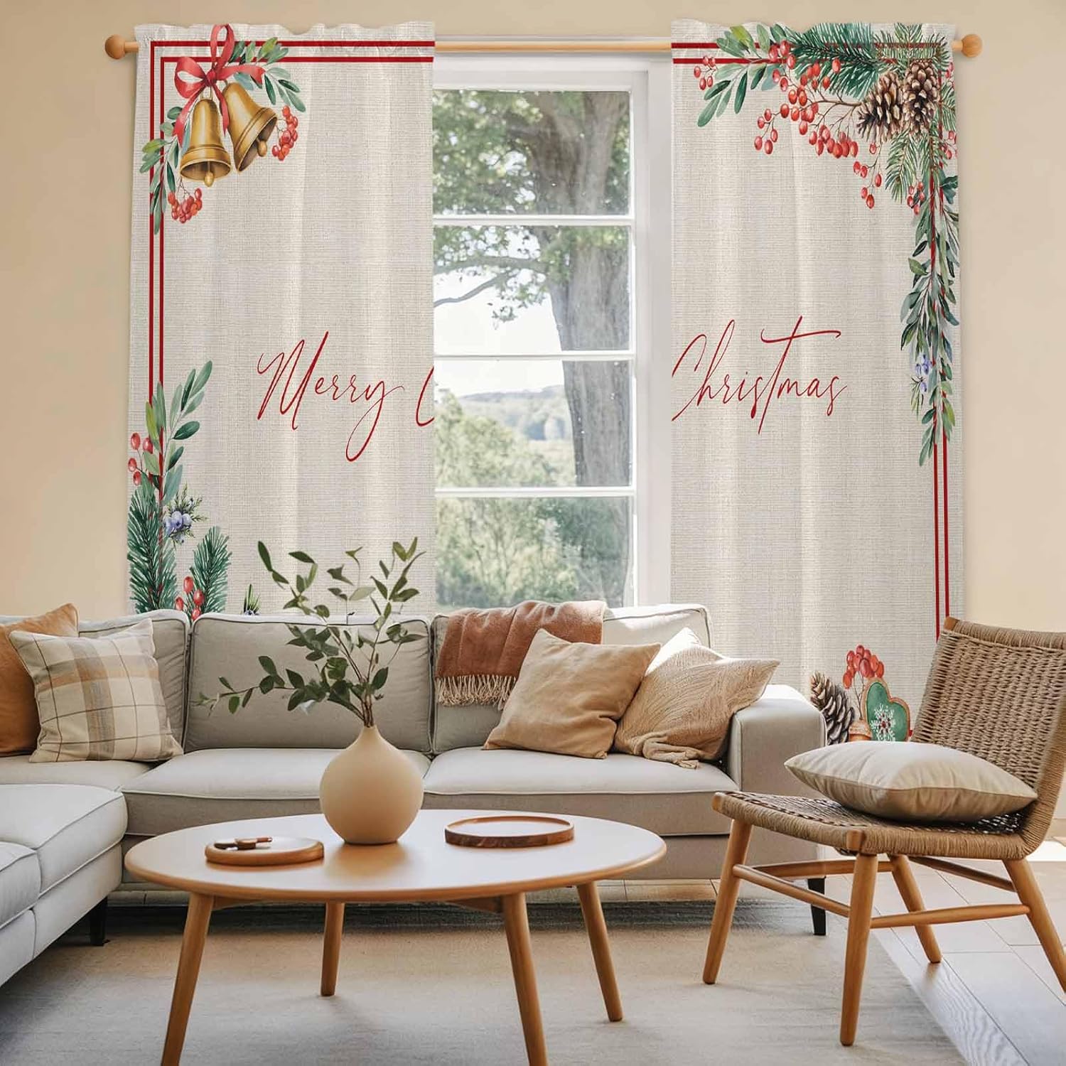 Christmas Window Curtains 72 Inch Long 2 Panel Set, Rod Pocket Long Curtains & Drapes, Pine Cones Botanical Xmas Rustic Light Filtering Window Treatment for Bedroom Living Room 52"W x 72"L
