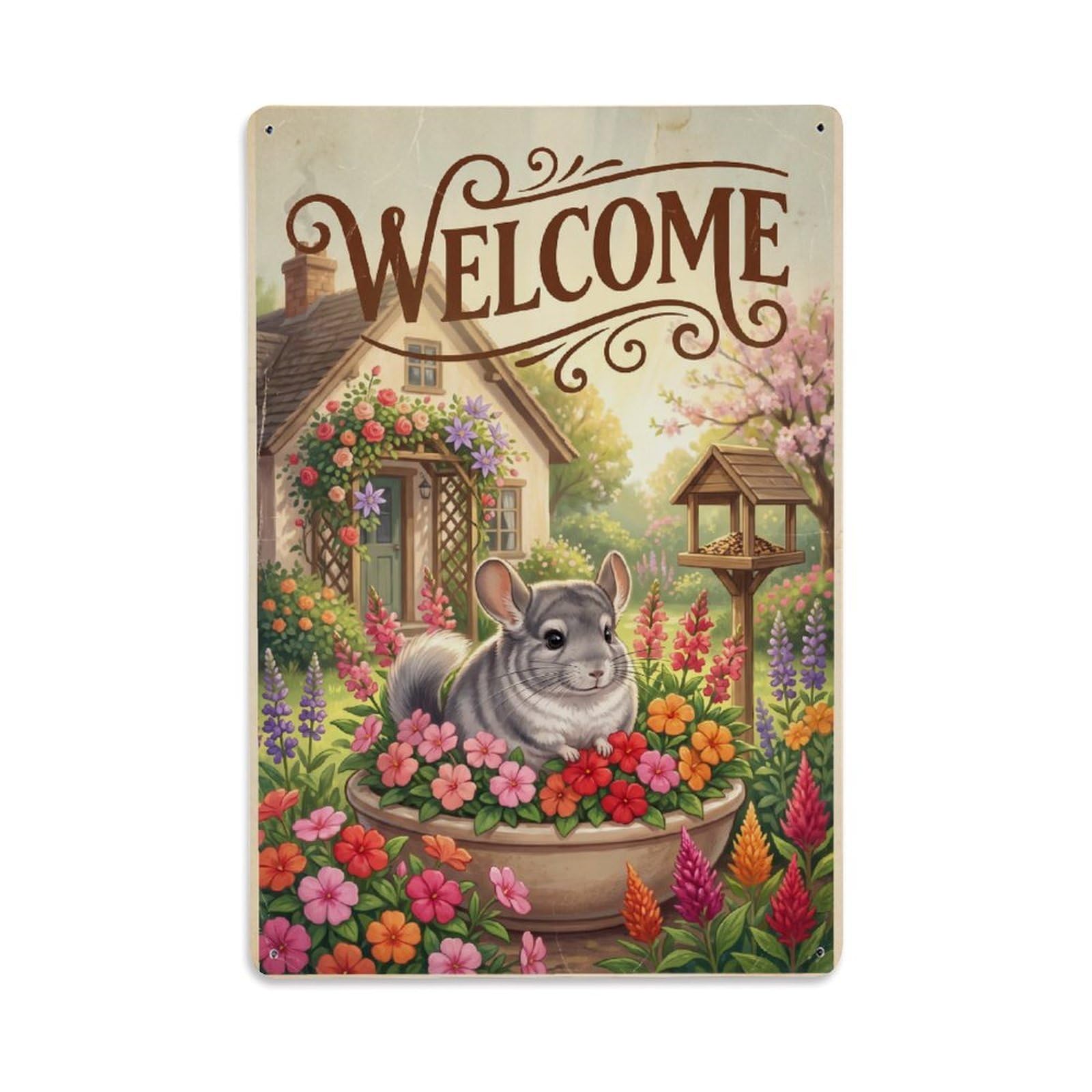 Vintage Welcome Chinchilla Joyful Vibes Metal Tin Sign