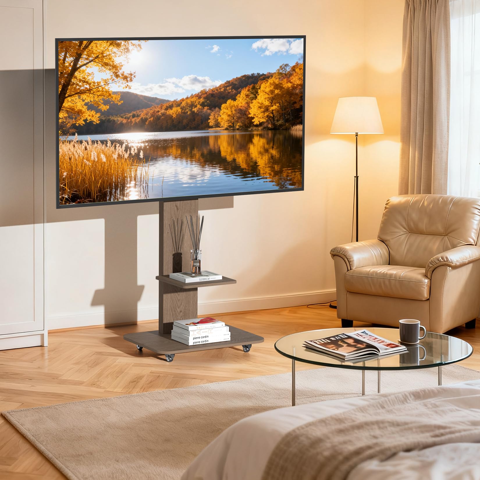 UNHO Soporte TV con Ruedas de Madera para 40-75 Pulgadas, Inclinación ±10° | Soporte Televisión Suelo Ajustable en Altura para LCD/LED, 2 Estantes, VESA 200x300 - 600x400 mm, Hasta 60 kg