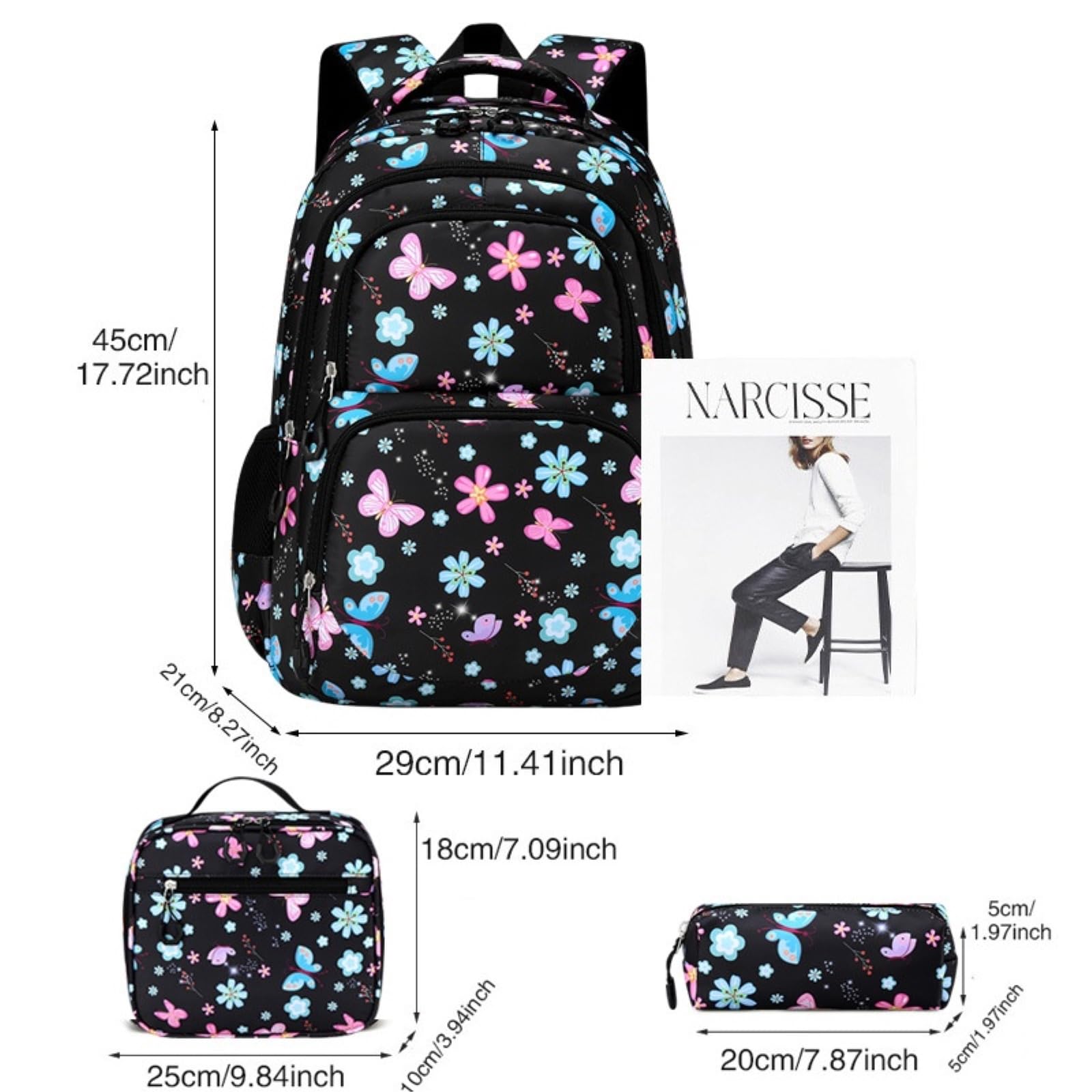 Zaino da Viaggio 3 in 1 Farfalla Floral-Stampa Set Scola con Sacchetto A Pranzo E Borsa Matita per Ragazze Adolescenti