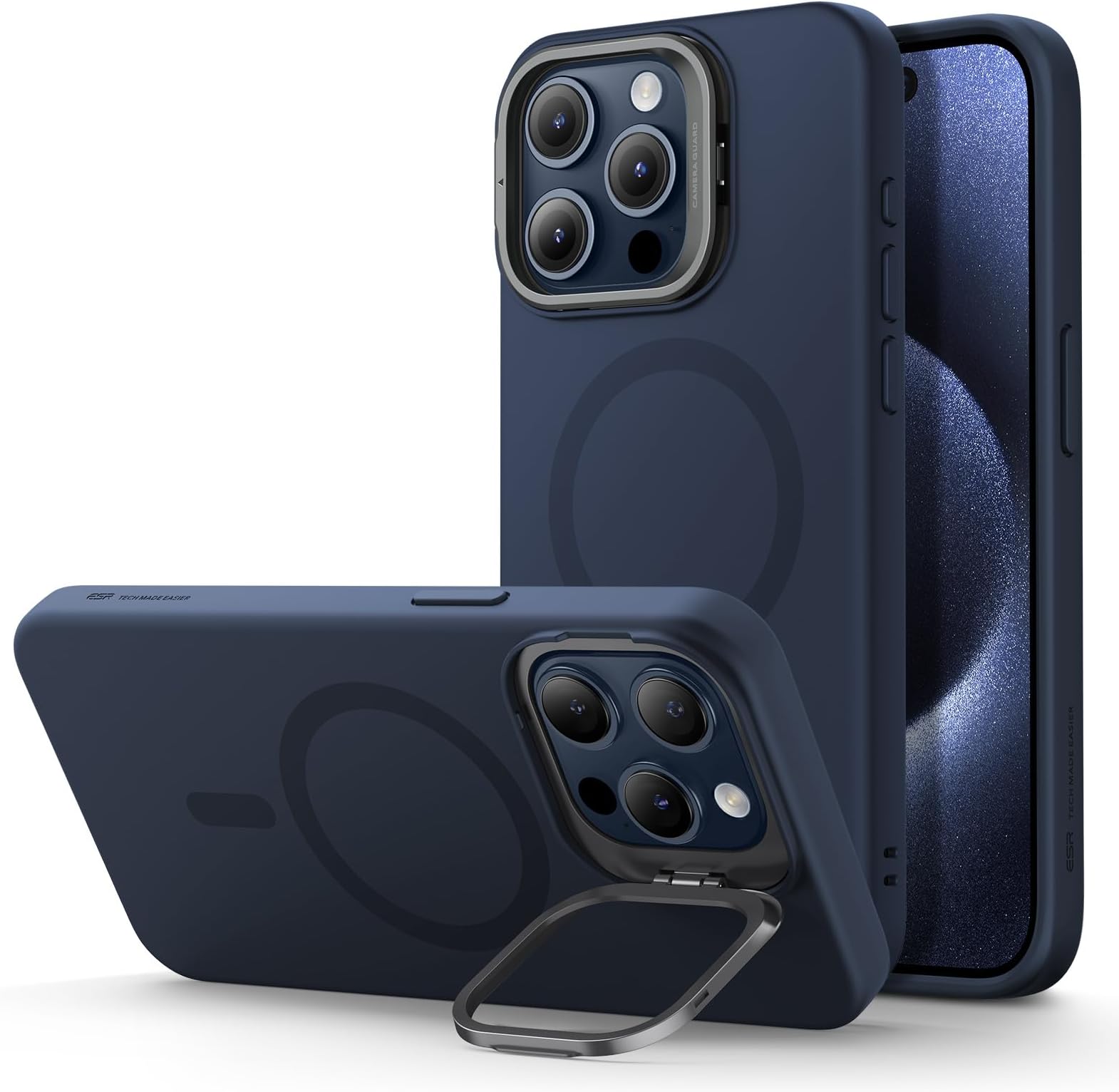 ESR for iPhone 15 Pro Max Silicone Case with Stand, Compatible with MagSafe, Built-In Camera Stash Stand, Magnetic Phone Case for iPhone 15 Pro Max, Cloud Series, Dark Blue