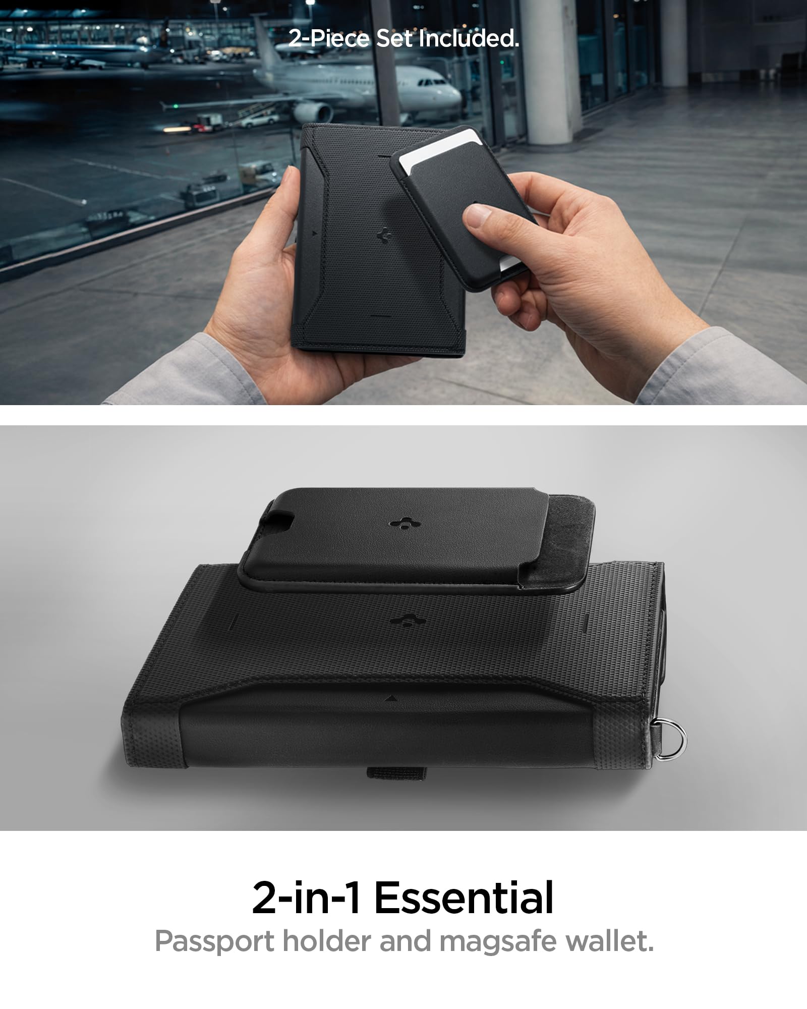 Spigen Life KD502 Porta Passaporto Magnetico con Tasca Portacarte Rimovibile MagSafe, Doppia Custodia per Passaporto con Protezione RFID, Slot per Scheda SIM e Moschettone - Nero