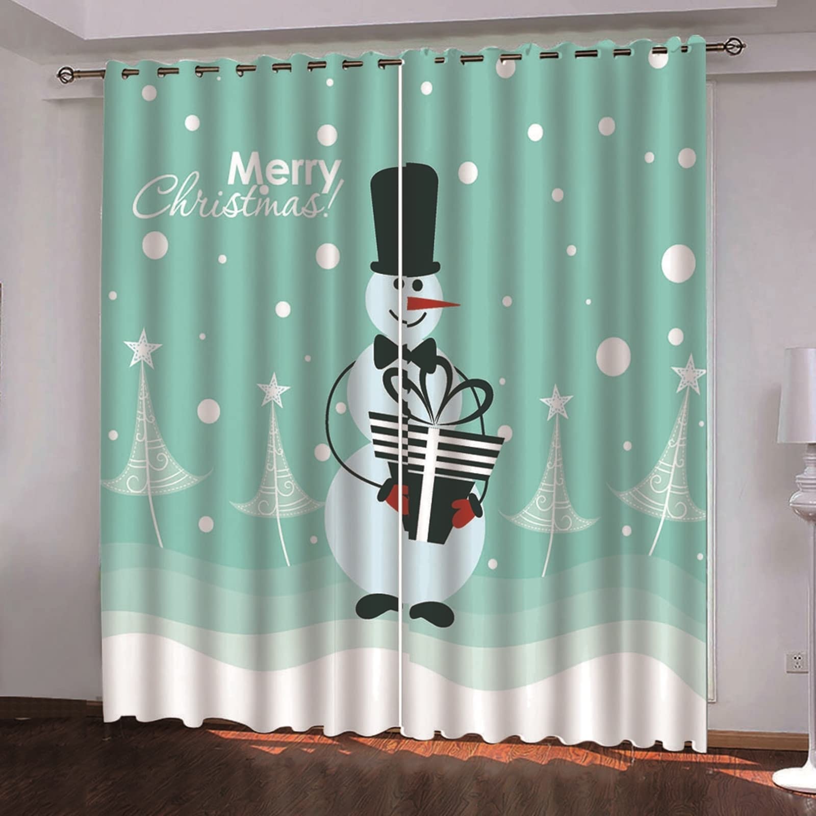 Bałwan z prezentami i choinką salon zasłona nowoczesna, zasłony kuchenne okno 2 panele, szer. 106 cm x dł. 213 cm