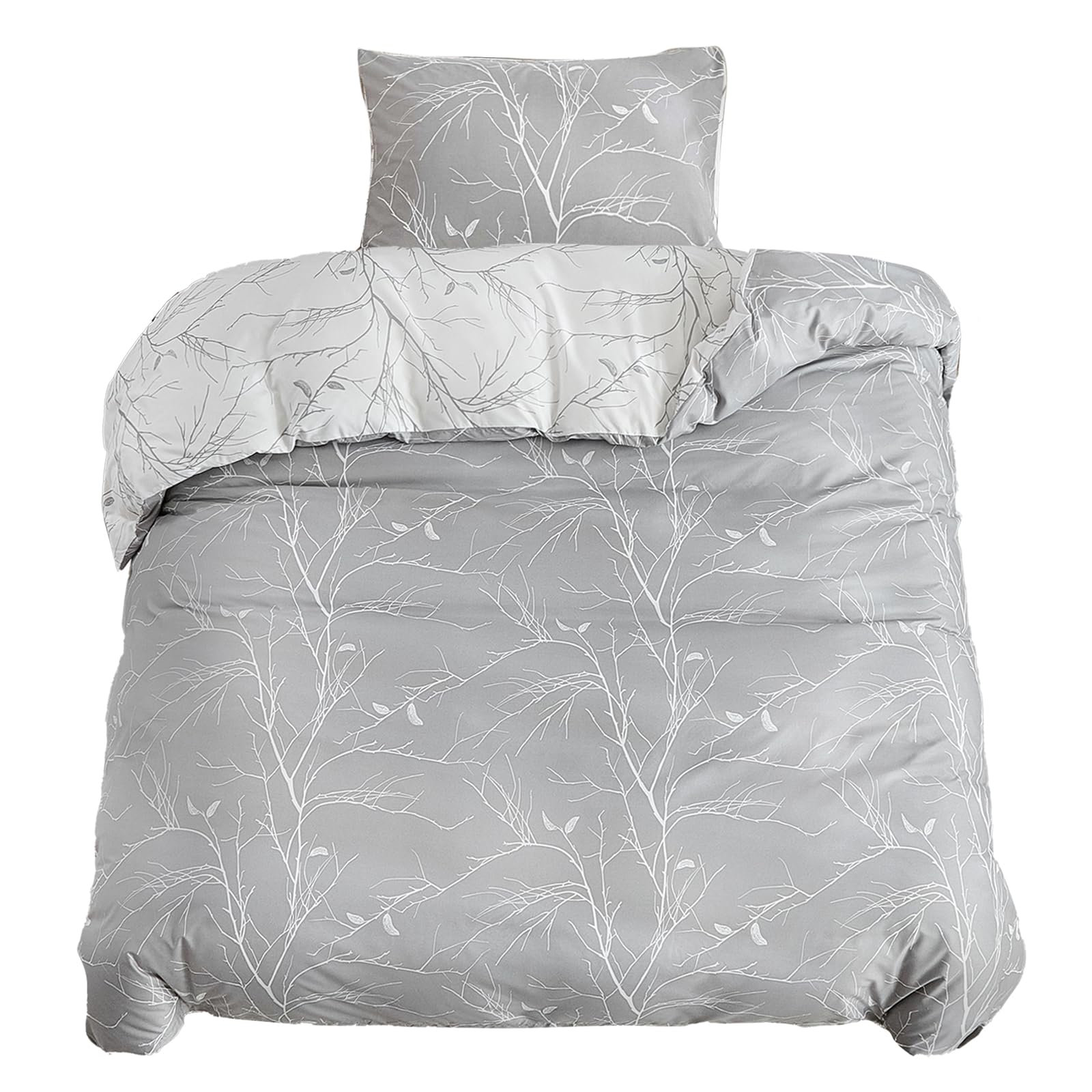 Tokokimo Funda Nórdica Cama 80/90, Funda Nórdica 135x200cm, Ramas y Hojas Patrón Microfibra Funda Edredon 2 Piezas Compuesto por 1 Funda Nórdica 135x200cm + 1 Fundas de Almohada 50x75cm, Gris/Blanco